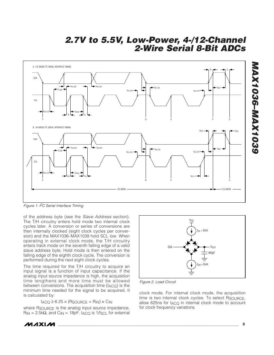 Where r, Is the analog input source impedance, r, 5k ω, and c | 18pf. t, Is 1/f, Allow 625ns for t | Rainbow Electronics MAX1039 User Manual | Page 9 / 22