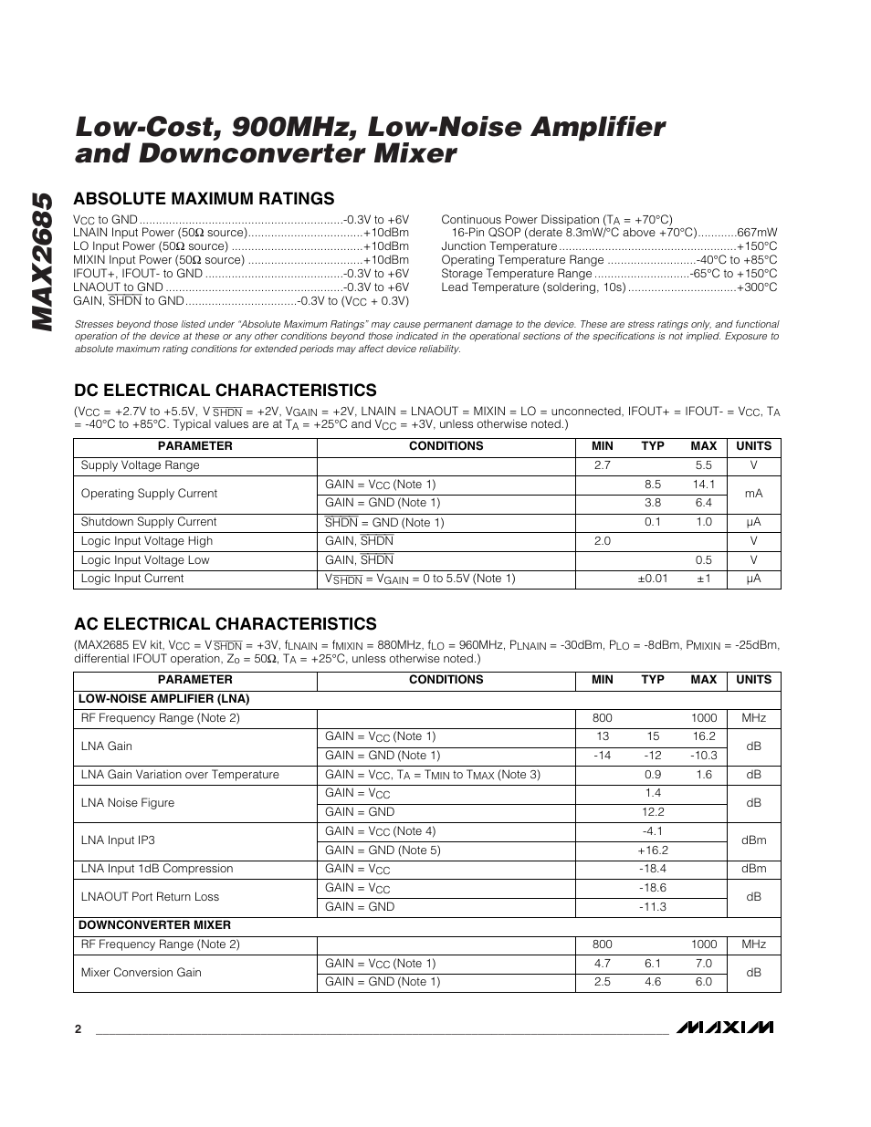 Ac electrical characteristics | Rainbow Electronics MAX2685 User Manual | Page 2 / 10