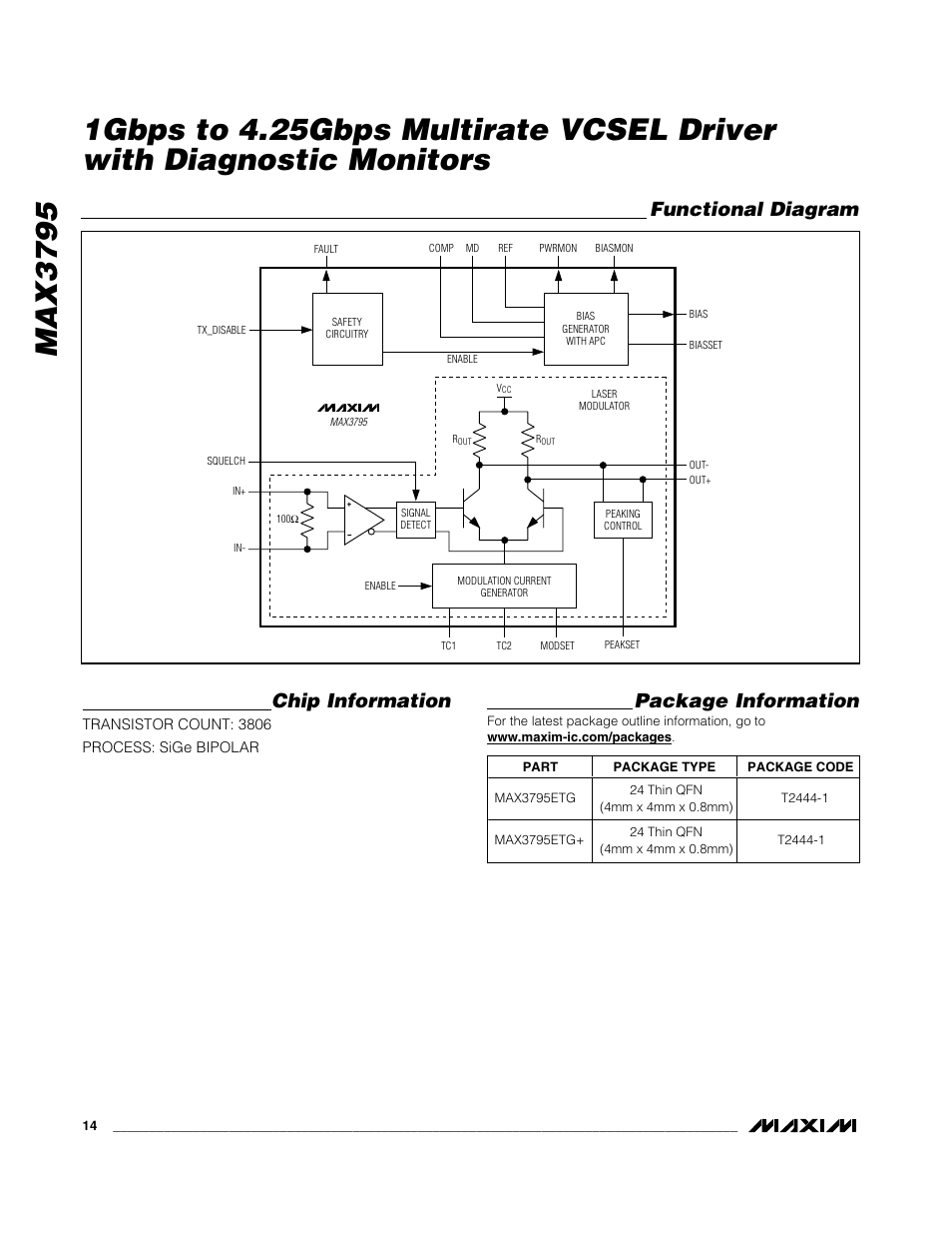 Chip information, Package information, Functional diagram | Rainbow Electronics MAX3795 User Manual | Page 14 / 15