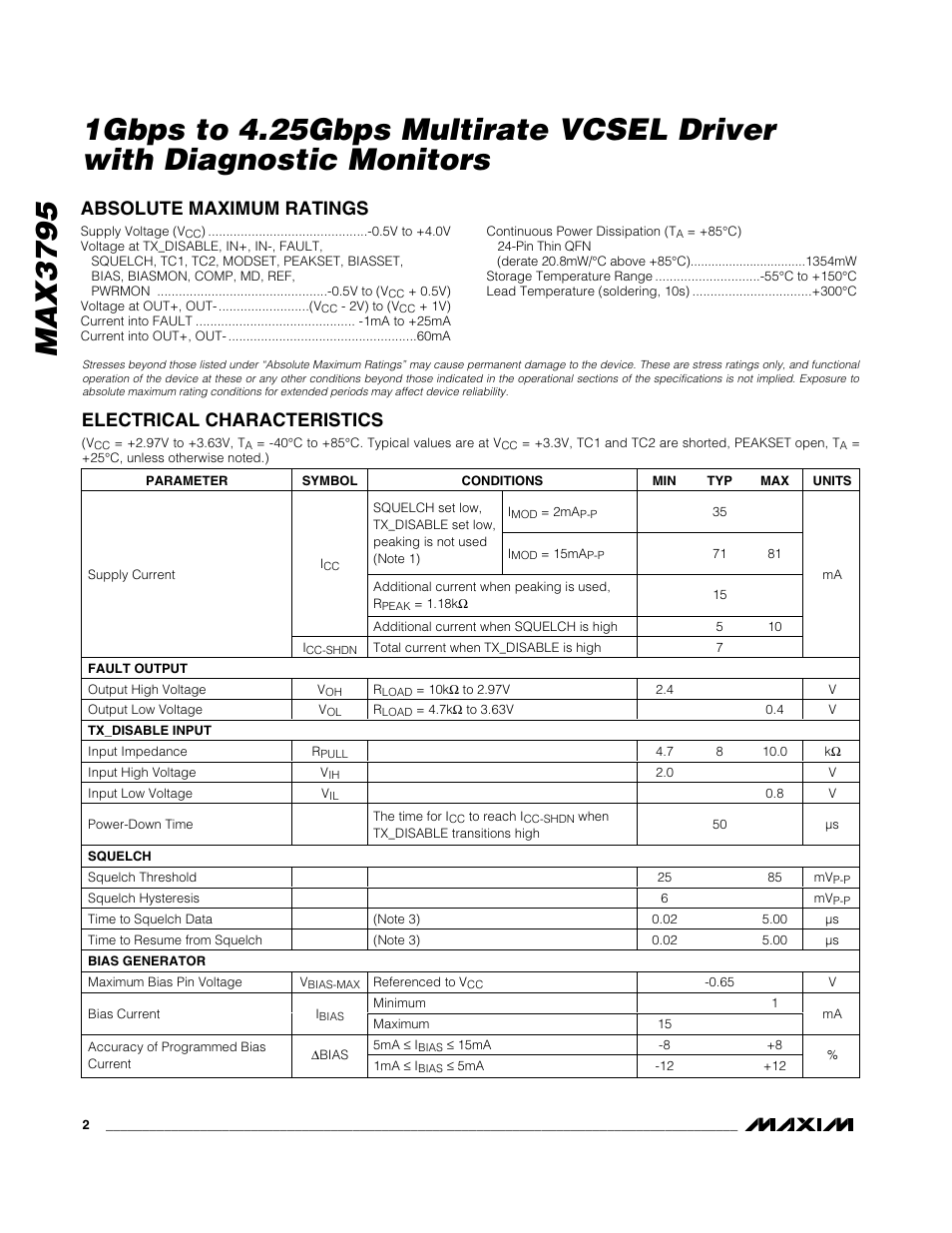 Absolute maximum ratings, Electrical characteristics | Rainbow Electronics MAX3795 User Manual | Page 2 / 15