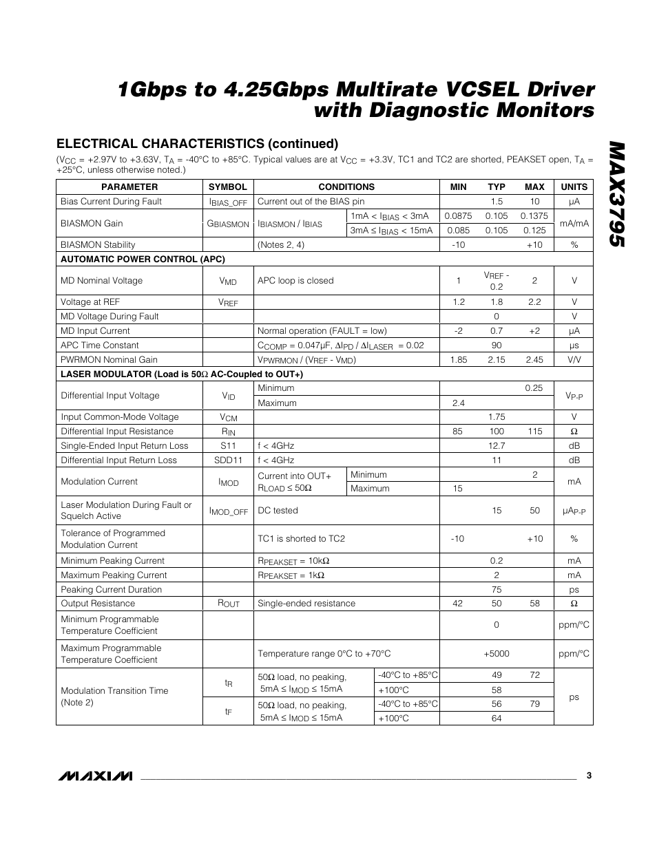 Electrical characteristics (continued) | Rainbow Electronics MAX3795 User Manual | Page 3 / 15