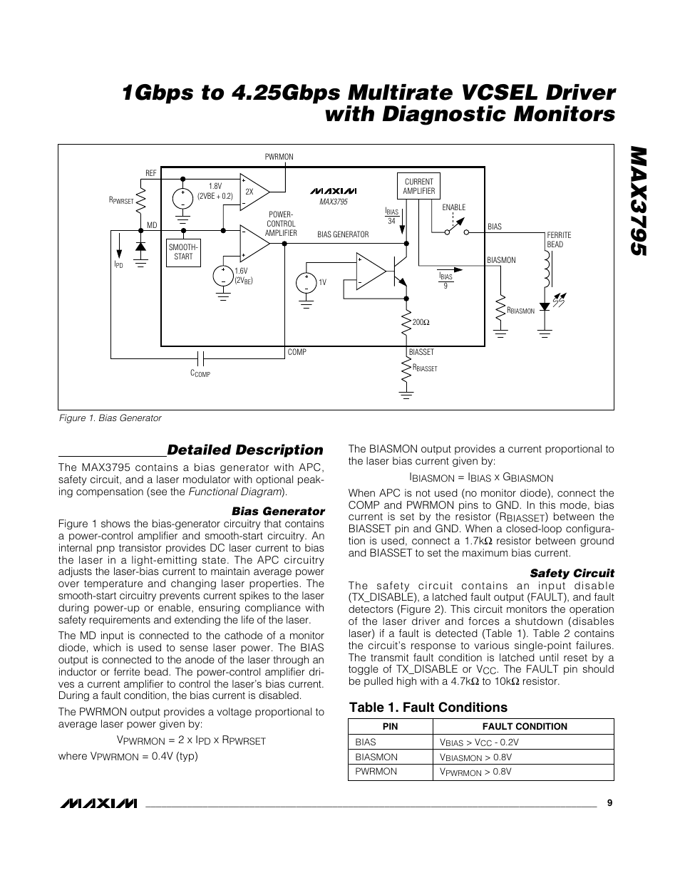 Detailed description, Table 1. fault conditions | Rainbow Electronics MAX3795 User Manual | Page 9 / 15