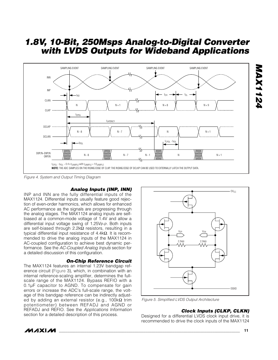 Analog inputs (inp, inn), On-chip reference circuit, Clock inputs (clkp, clkn) | Rainbow Electronics MAX1124 User Manual | Page 11 / 17