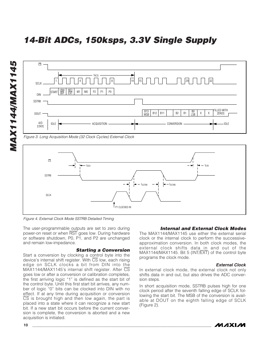 Starting a conversion, Internal and external clock modes | Rainbow Electronics MAX1145 User Manual | Page 10 / 18