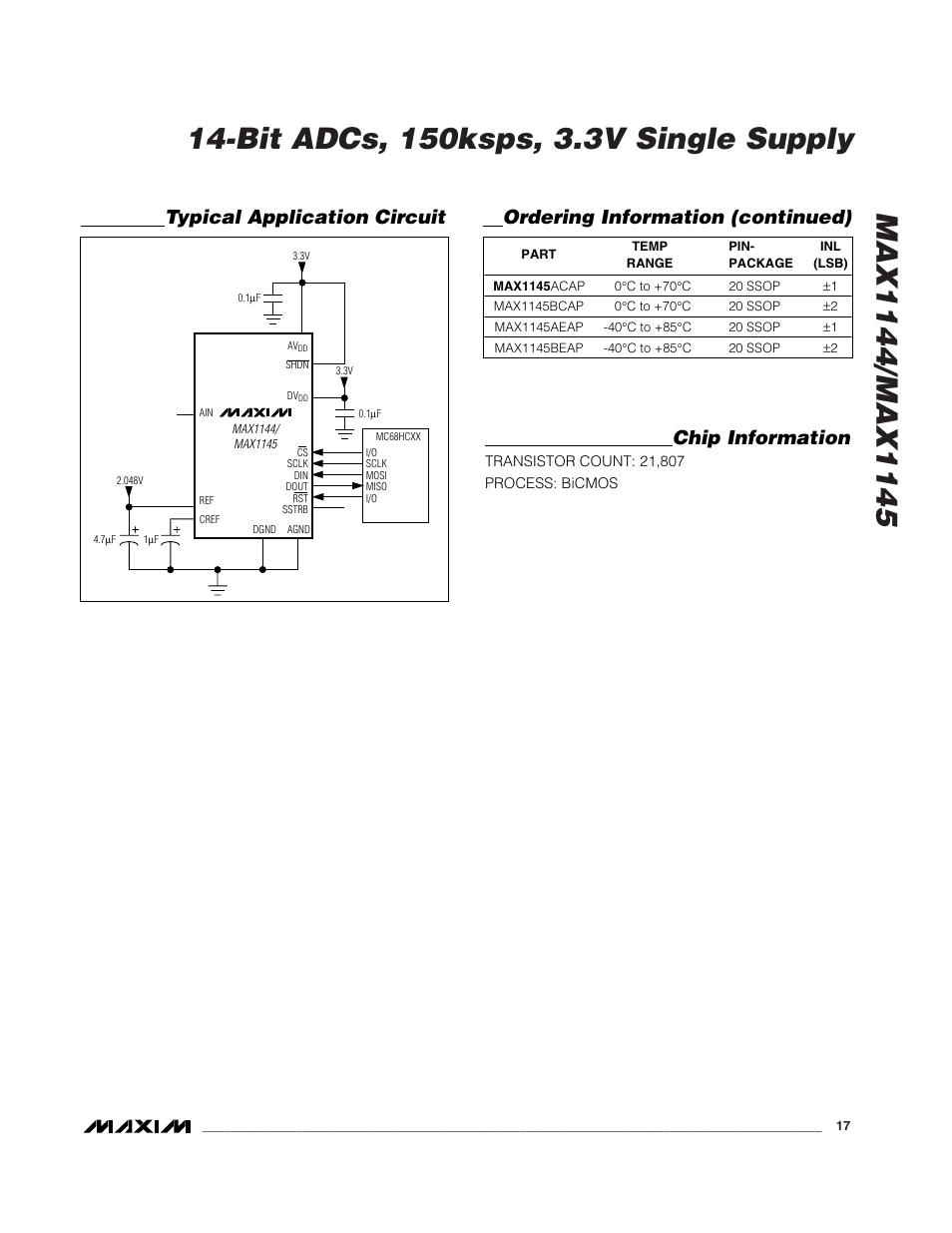 Ordering information (continued), Typical application circuit chip information | Rainbow Electronics MAX1145 User Manual | Page 17 / 18