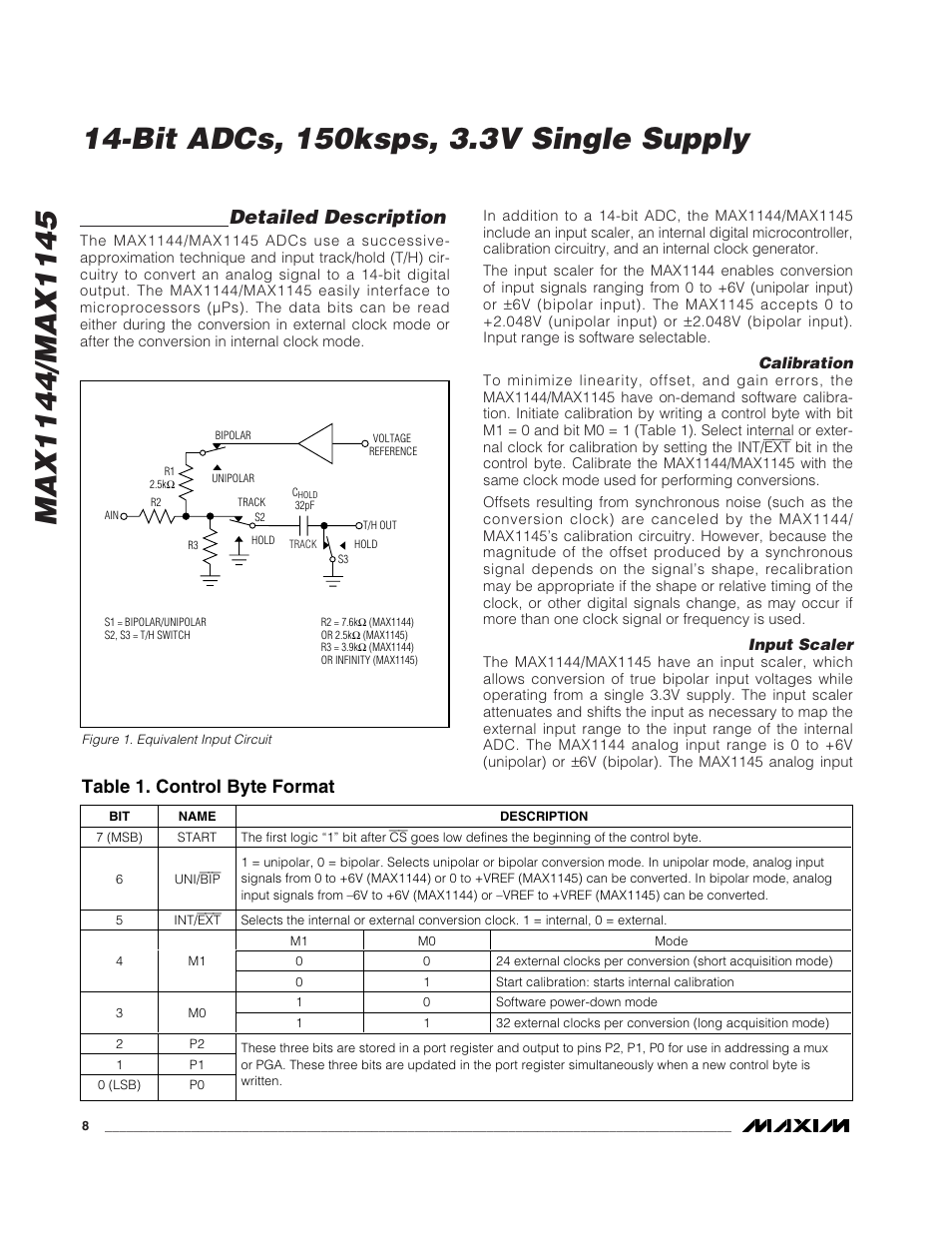 Detailed description, Table 1. control byte format | Rainbow Electronics MAX1145 User Manual | Page 8 / 18