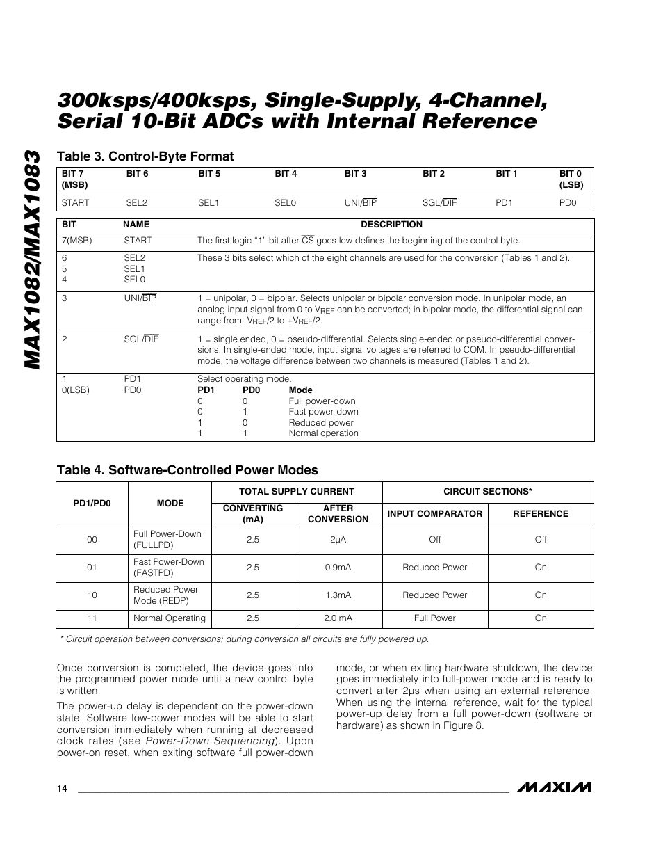 Table 3. control-byte format, Table 4. software-controlled power modes | Rainbow Electronics MAX1083 User Manual | Page 14 / 24