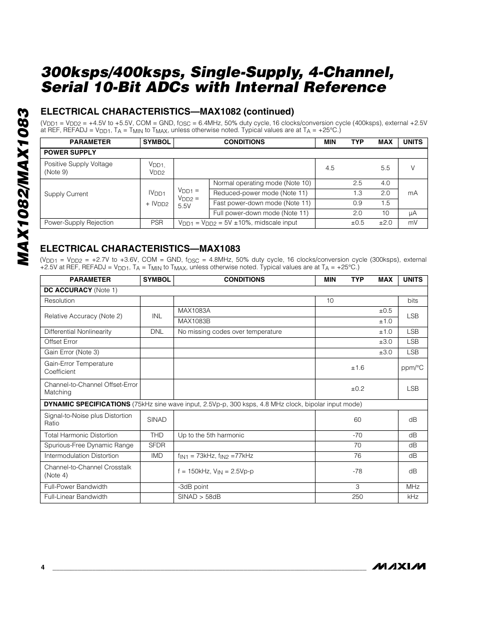 Electrical characteristics—max1082 (continued), Electrical characteristics—max1083 | Rainbow Electronics MAX1083 User Manual | Page 4 / 24