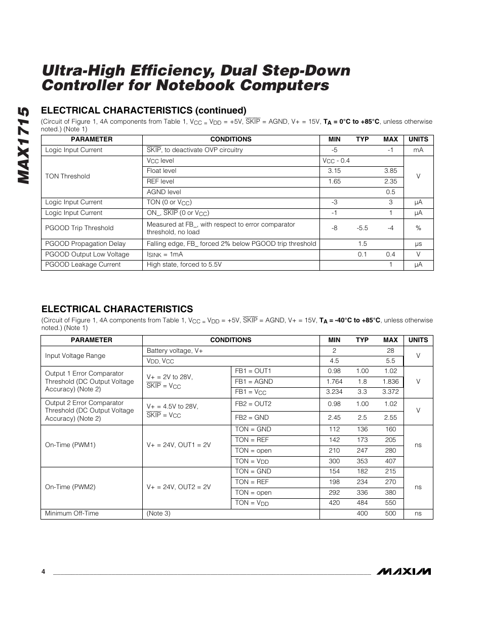 Electrical characteristics, Electrical characteristics (continued) | Rainbow Electronics MAX1715 User Manual | Page 4 / 25