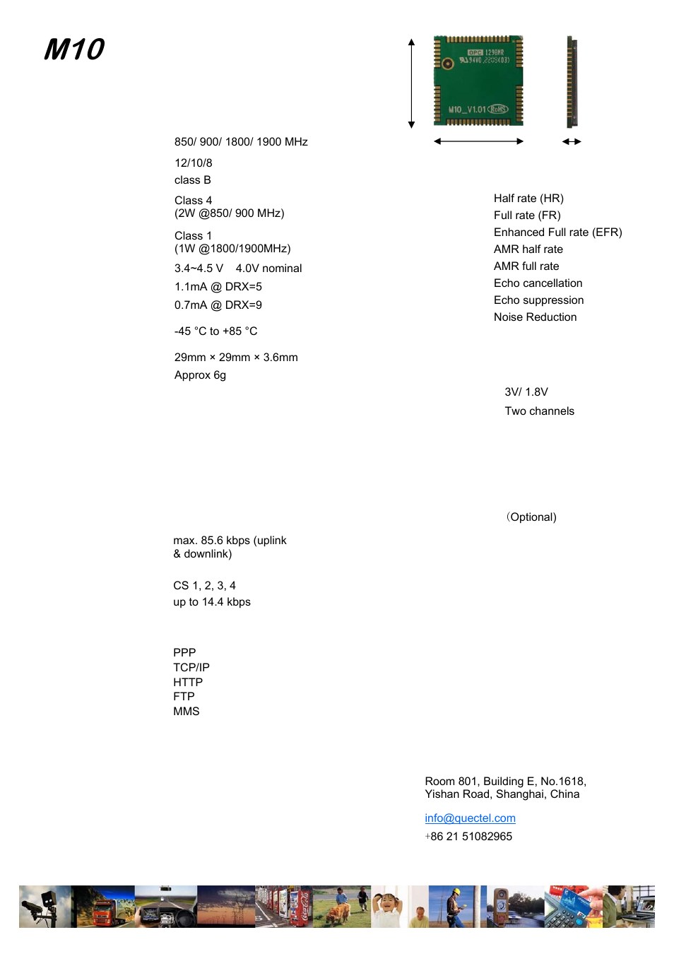 Quad band gsm/gprs module, Specifications for fax, Specifications for data | Specifications for sms via gsm / gprs, General features, Specifications for voice, Drivers, Compatibility, Interfaces contact us, Approvals | Rainbow Electronics M10 User Manual | Page 2 / 2