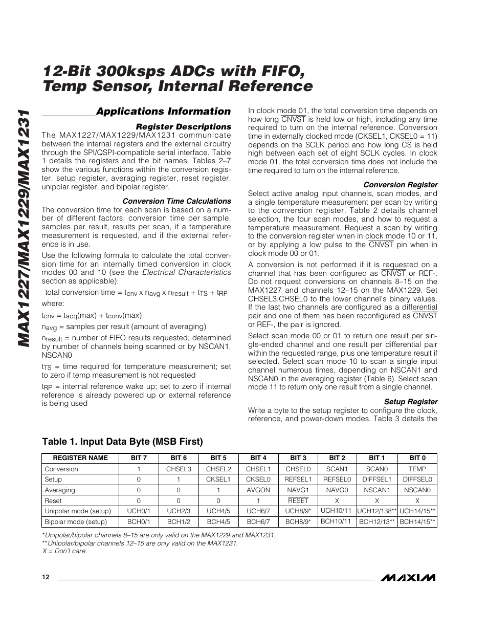 Applications information, Table 1. input data byte (msb first) | Rainbow Electronics MAX1231 User Manual | Page 12 / 24