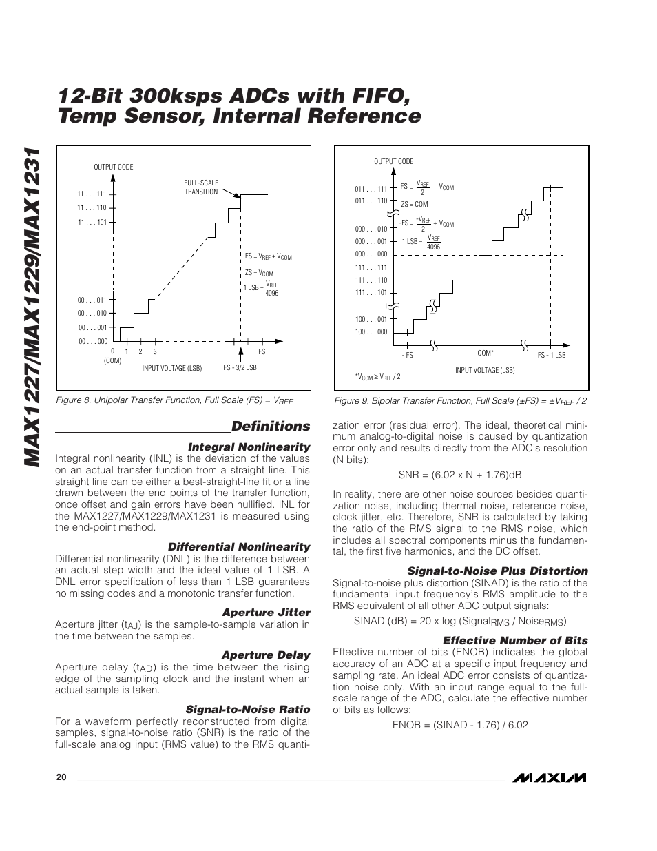 Definitions, Integral nonlinearity, Differential nonlinearity | Aperture jitter, Aperture delay, Signal-to-noise ratio, Signal-to-noise plus distortion, Effective number of bits | Rainbow Electronics MAX1231 User Manual | Page 20 / 24