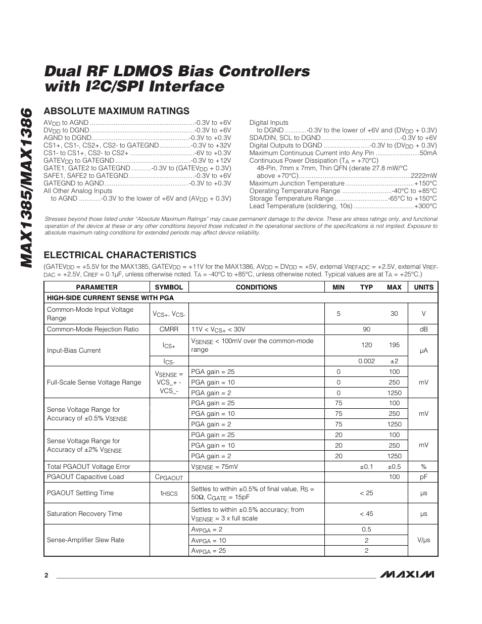 C/spi interface, Absolute maximum ratings, Electrical characteristics | Rainbow Electronics MAX1386 User Manual | Page 2 / 52