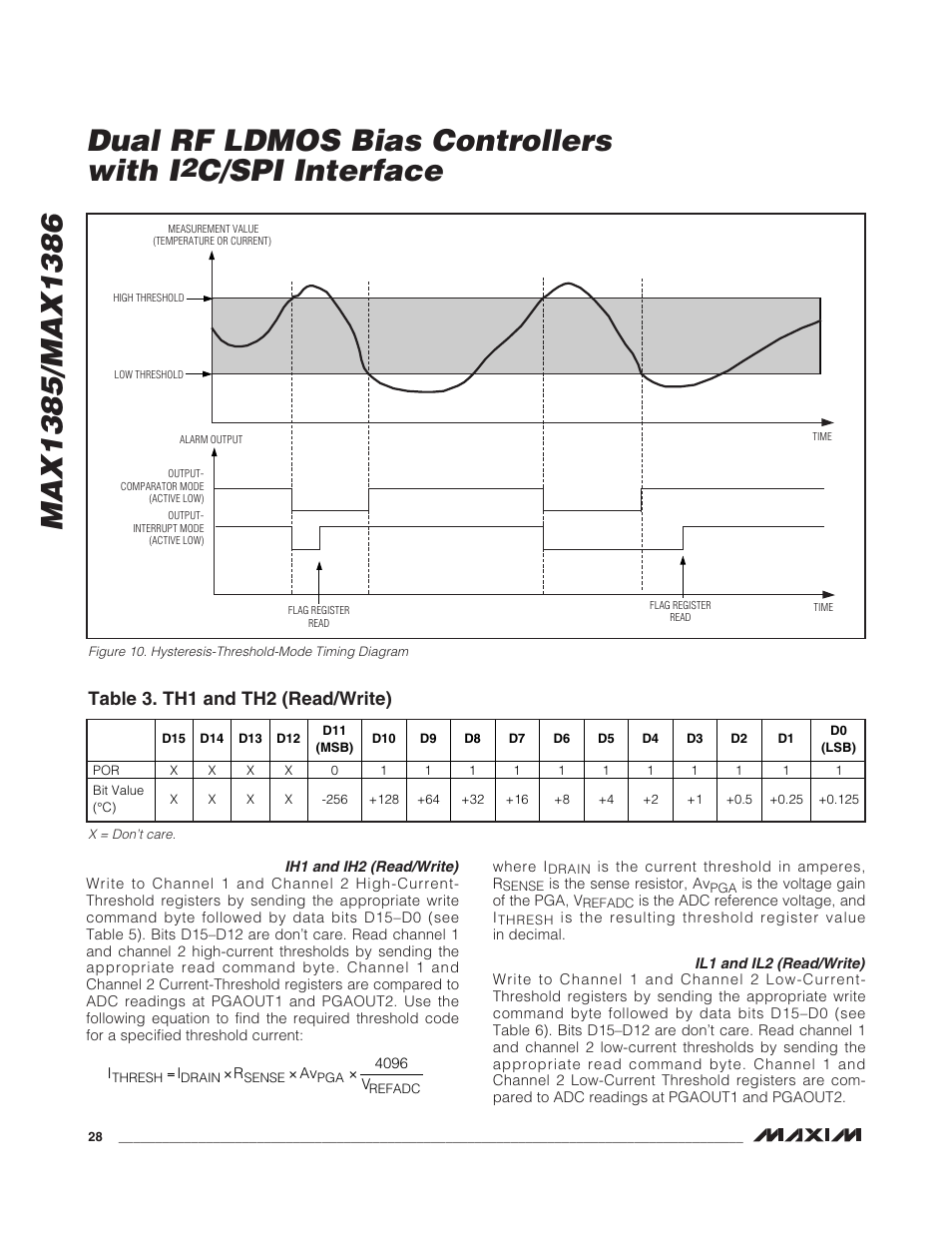 C/spi interface, Table 3. th1 and th2 (read/write) | Rainbow Electronics MAX1386 User Manual | Page 28 / 52