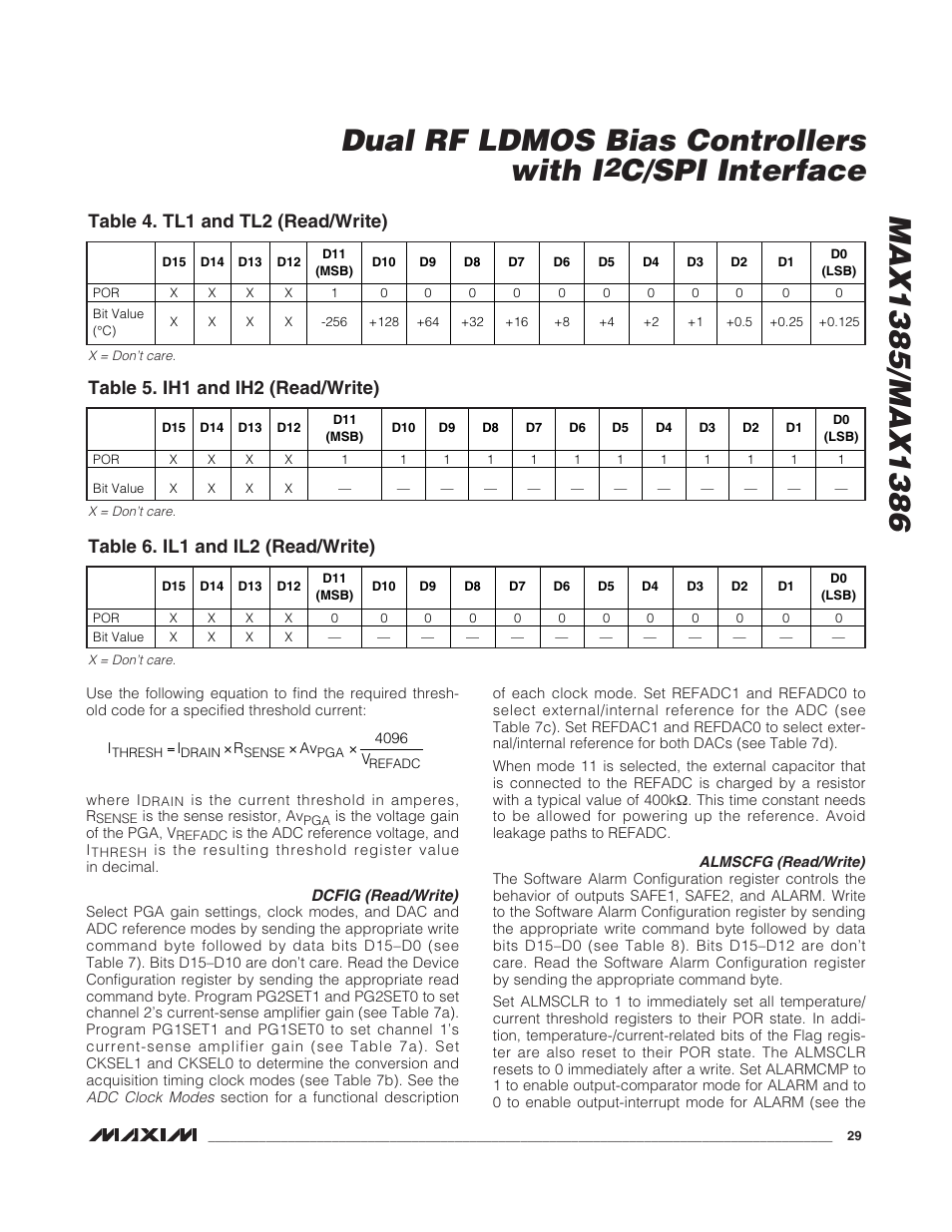 C/spi interface, Table 4. tl1 and tl2 (read/write), Table 5. ih1 and ih2 (read/write) | Table 6. il1 and il2 (read/write) | Rainbow Electronics MAX1386 User Manual | Page 29 / 52