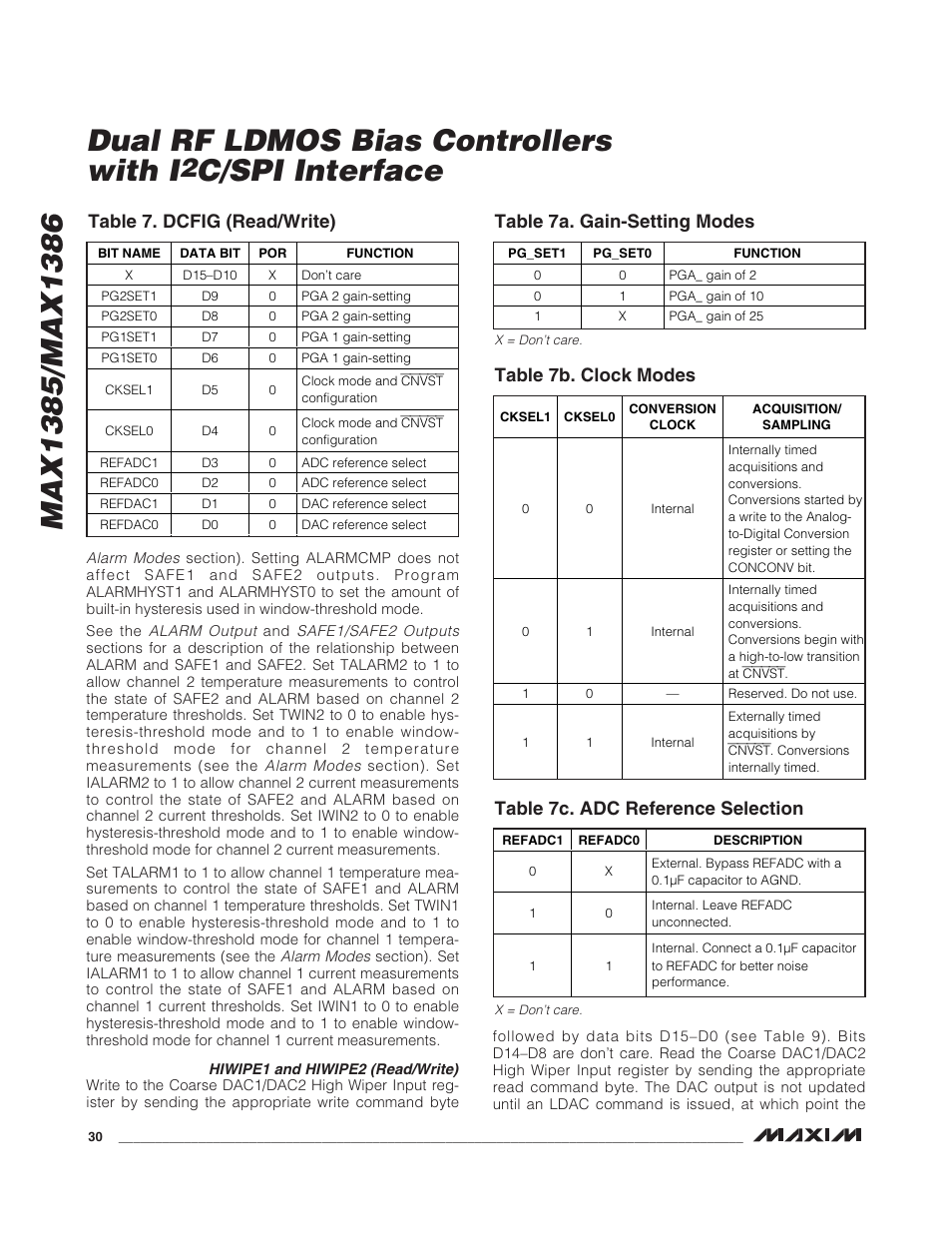 C/spi interface, Table 7. dcfig (read/write), Table 7a. gain-setting modes | Table 7b. clock modes, Table 7c. adc reference selection | Rainbow Electronics MAX1386 User Manual | Page 30 / 52