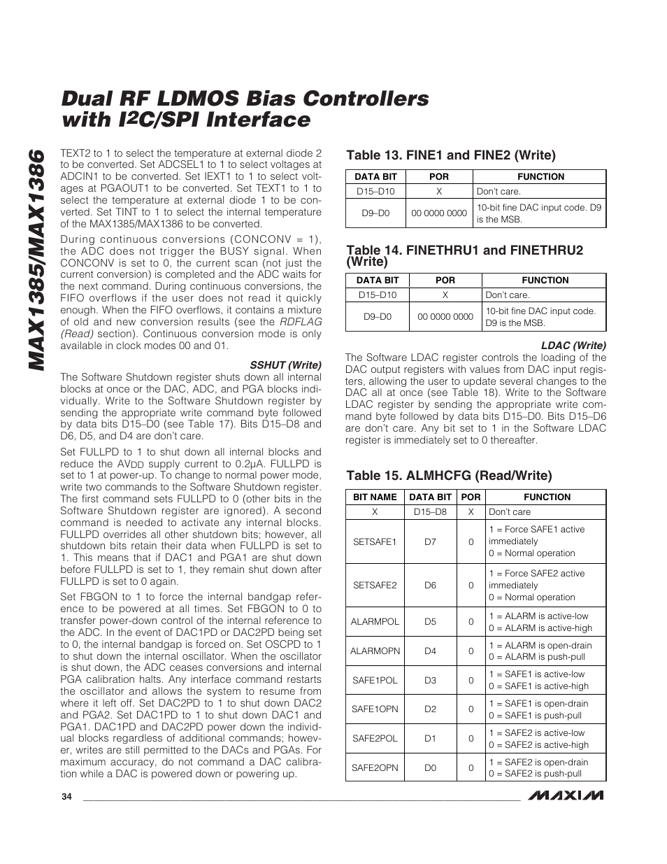 C/spi interface, Table 13. fine1 and fine2 (write), Table 14. finethru1 and finethru2 (write) | Table 15. almhcfg (read/write) | Rainbow Electronics MAX1386 User Manual | Page 34 / 52