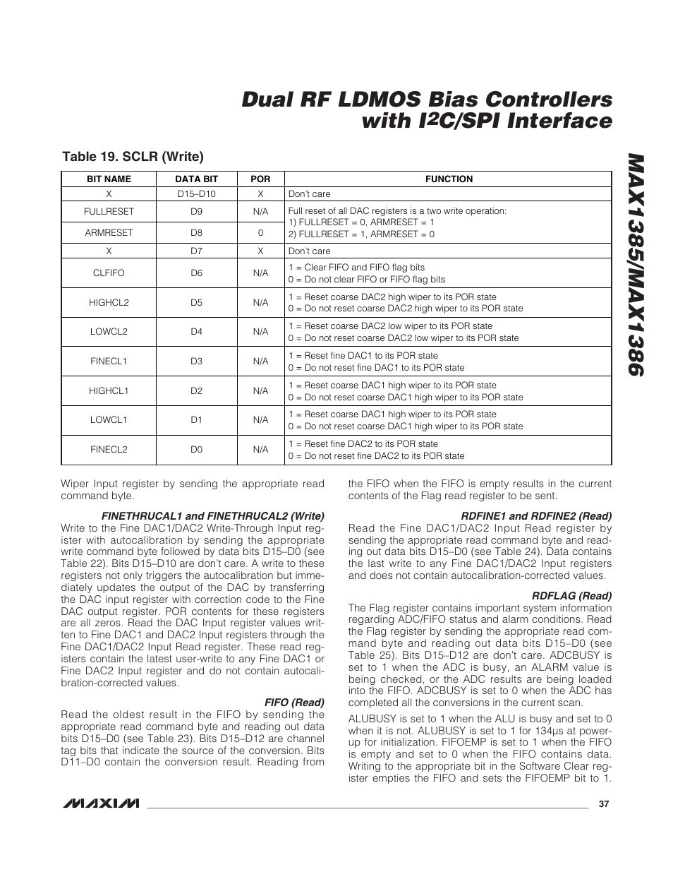 C/spi interface, Table 19. sclr (write) | Rainbow Electronics MAX1386 User Manual | Page 37 / 52