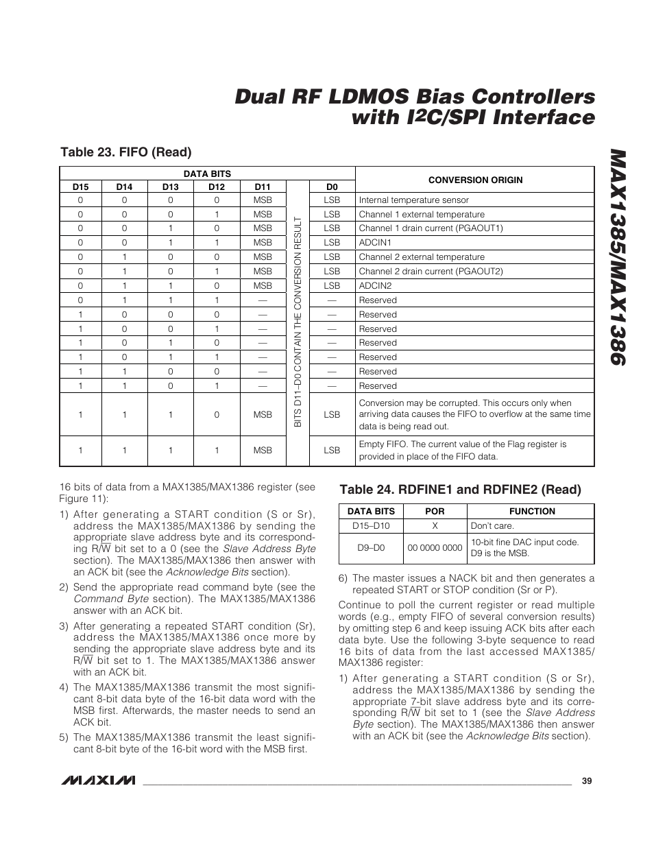 C/spi interface, Table 23. fifo (read), Table 24. rdfine1 and rdfine2 (read) | Rainbow Electronics MAX1386 User Manual | Page 39 / 52