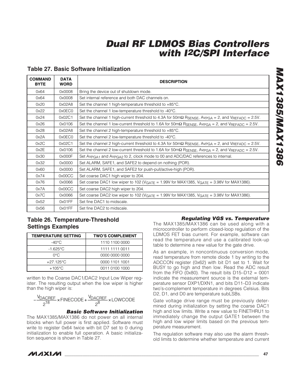C/spi interface, Table 27. basic software initialization, Table 26. temperature-threshold settings examples | Rainbow Electronics MAX1386 User Manual | Page 47 / 52