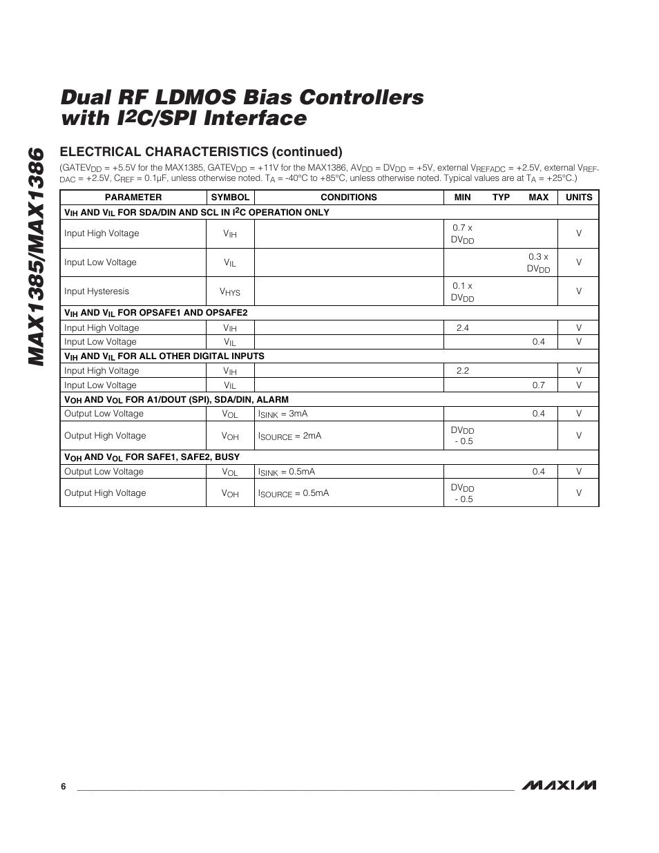 C/spi interface, Electrical characteristics (continued) | Rainbow Electronics MAX1386 User Manual | Page 6 / 52