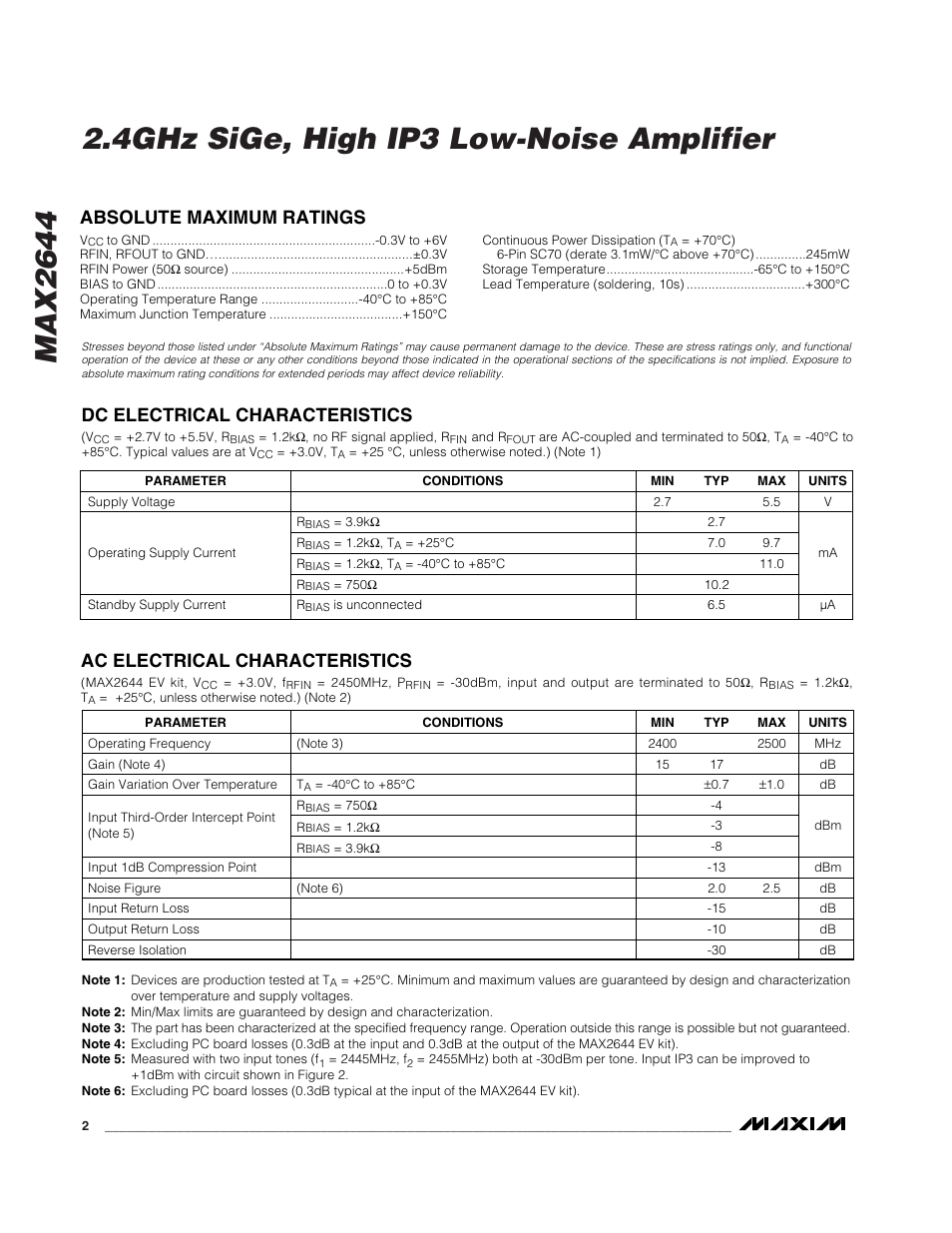 Ac electrical characteristics | Rainbow Electronics MAX2644 User Manual | Page 2 / 8