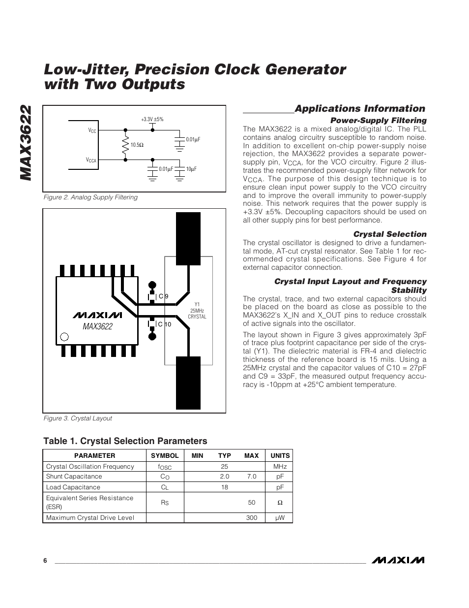 Applications information, Table 1. crystal selection parameters, Max3622 | Rainbow Electronics MAX3622 User Manual | Page 6 / 9