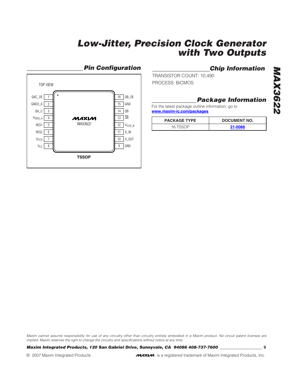 Pin configuration chip information, Package information | Rainbow Electronics MAX3622 User Manual | Page 9 / 9