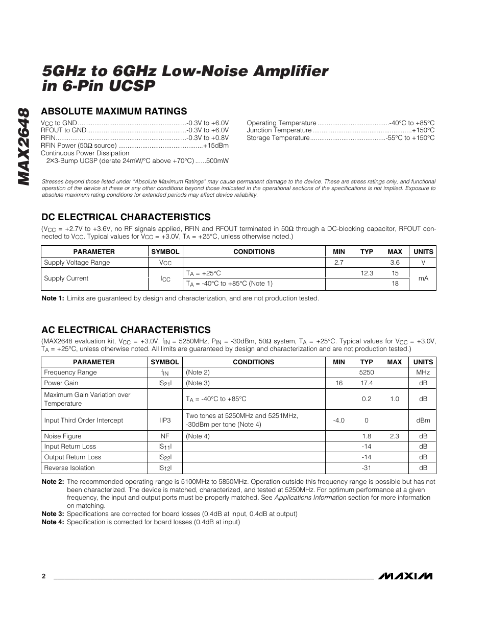 Ac electrical characteristics | Rainbow Electronics MAX2648 User Manual | Page 2 / 8