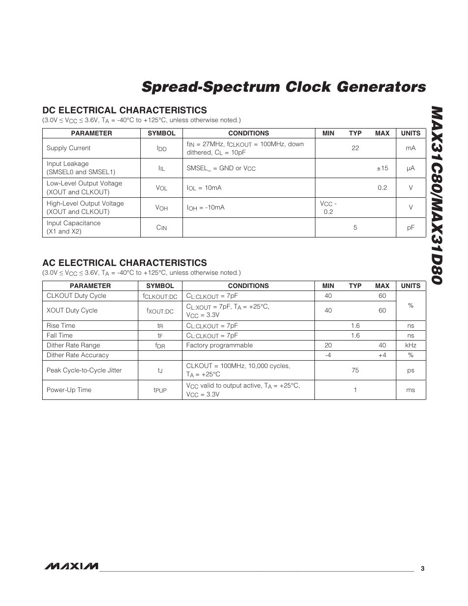 Dc_electrical_characteristics, Ac_electrical_characteristics | Rainbow Electronics MAX31D80 User Manual | Page 3 / 9