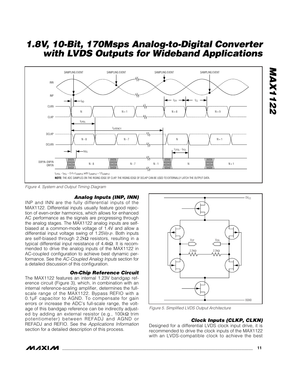 Analog inputs (inp, inn), On-chip reference circuit, Clock inputs (clkp, clkn) | Rainbow Electronics MAX1122 User Manual | Page 11 / 17