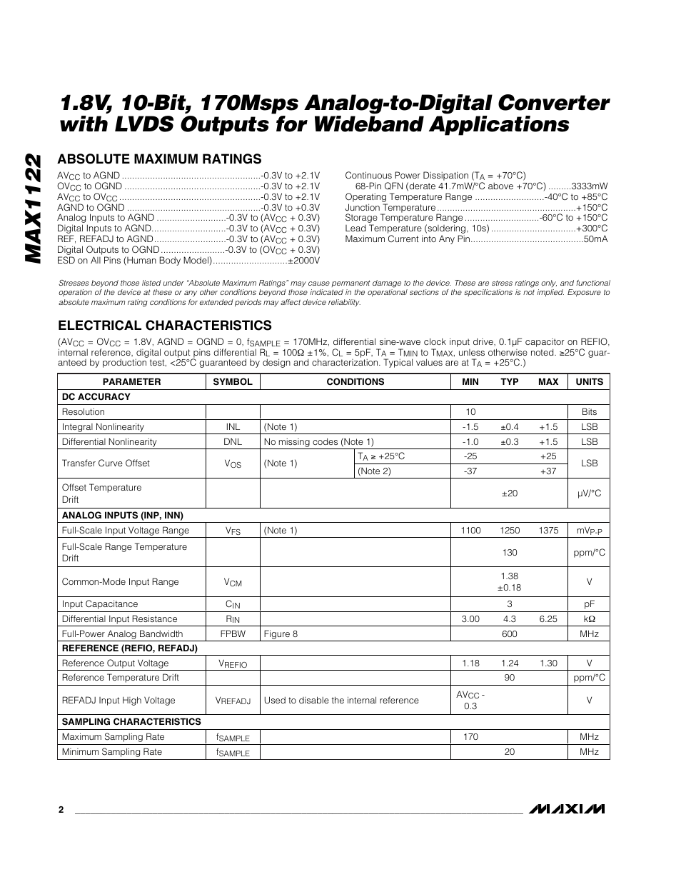 Absolute maximum ratings, Electrical characteristics | Rainbow Electronics MAX1122 User Manual | Page 2 / 17