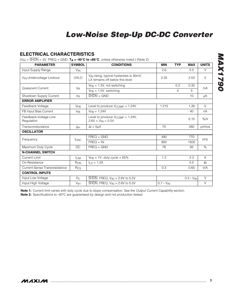 Max1790 low-noise step-up dc-dc converter, Electrical characteristics | Rainbow Electronics MAX1790 User Manual | Page 3 / 12