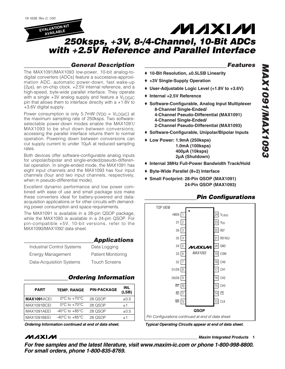 Rainbow Electronics MAX1093 User Manual | 20 pages