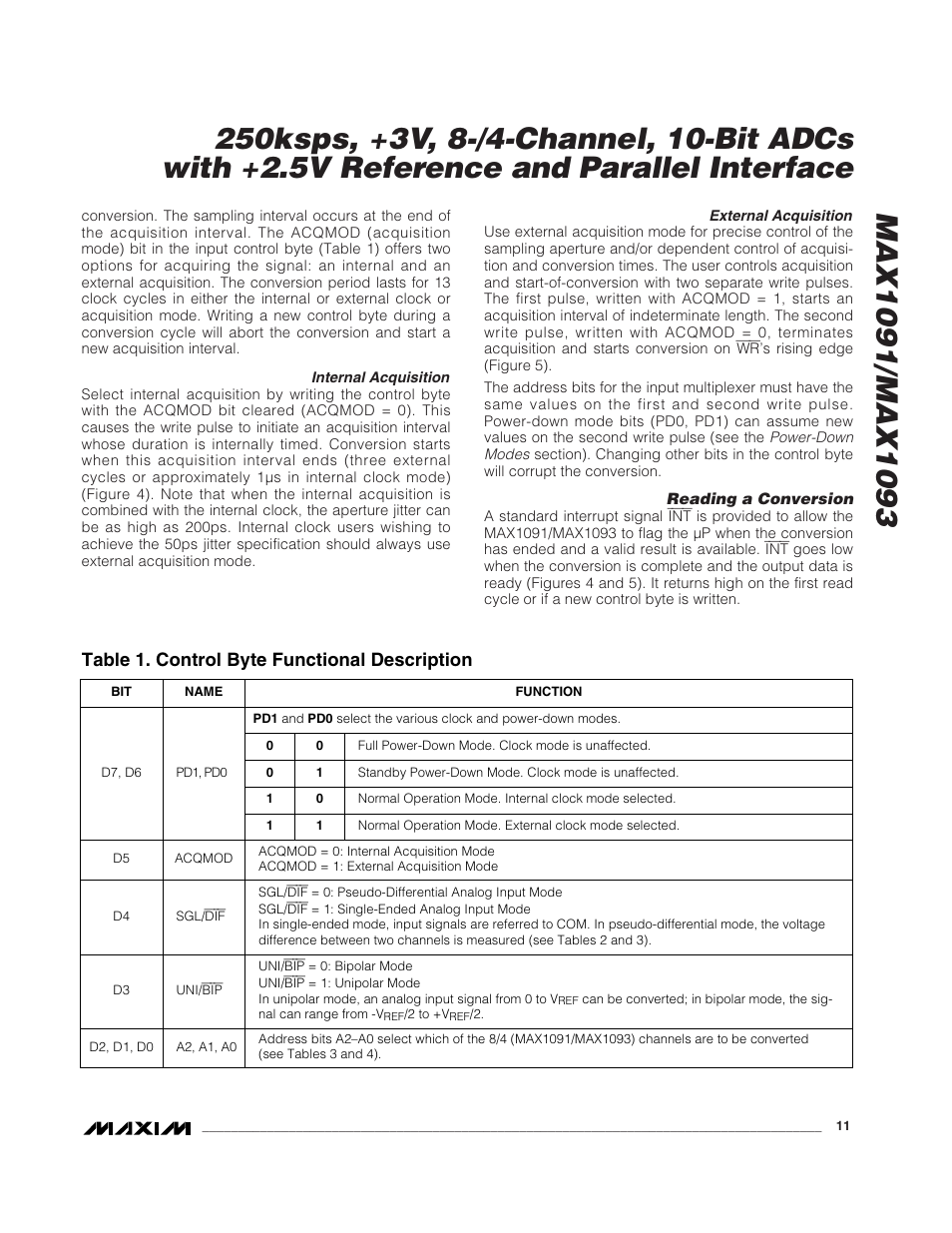 Table 1. control byte functional description | Rainbow Electronics MAX1093 User Manual | Page 11 / 20
