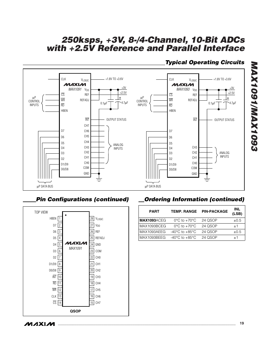 Typical operating circuits, Pin configurations (continued), Ordering information (continued) | Rainbow Electronics MAX1093 User Manual | Page 19 / 20