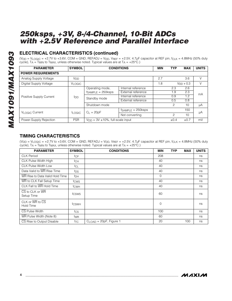 Timing characteristics, Electrical characteristics (continued) | Rainbow Electronics MAX1093 User Manual | Page 4 / 20