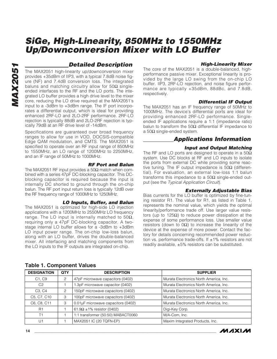 Detailed description, Applications information, Table 1. component values | Rainbow Electronics MAX2051 User Manual | Page 14 / 16