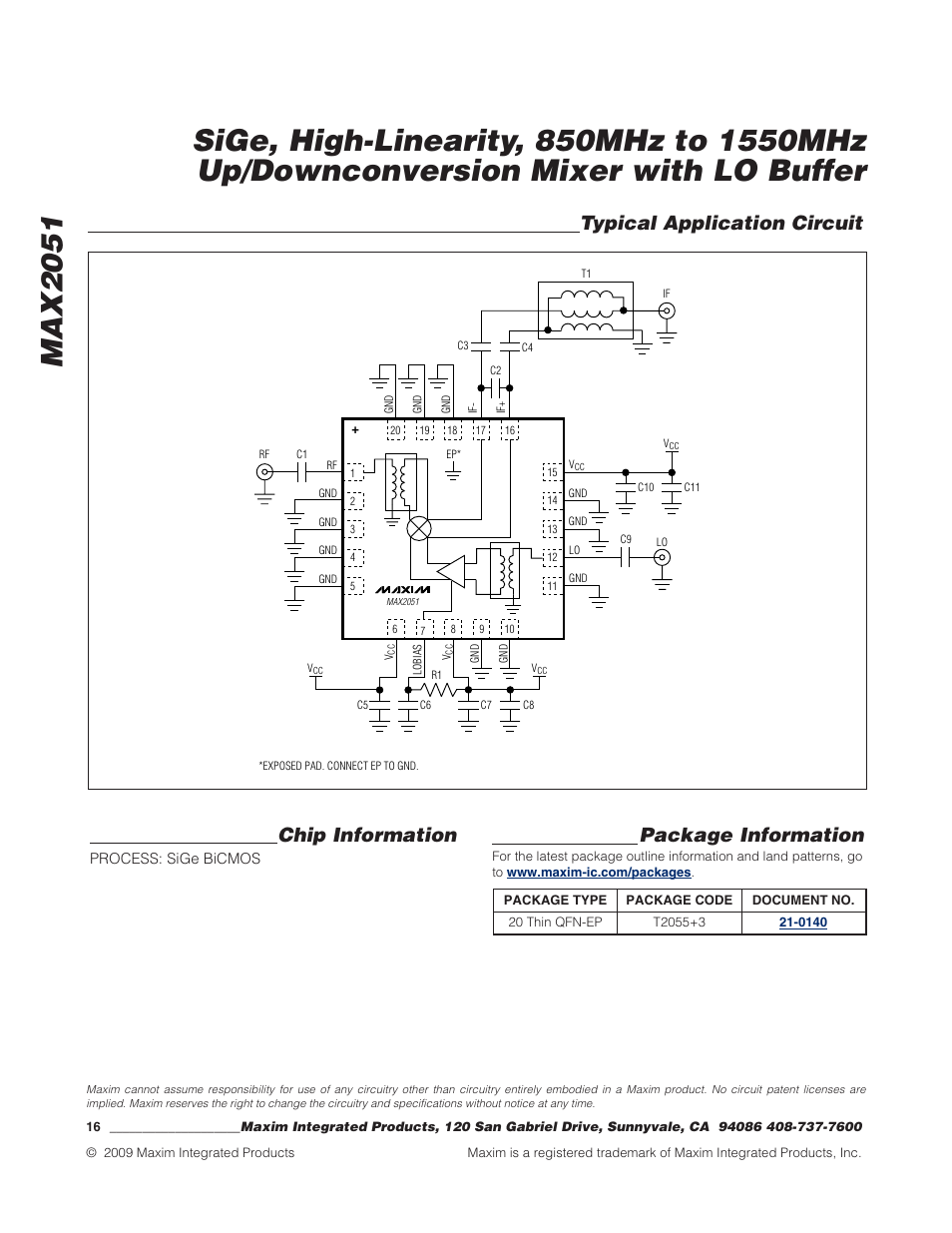 Chip information, Typical application circuit, Package information | Rainbow Electronics MAX2051 User Manual | Page 16 / 16
