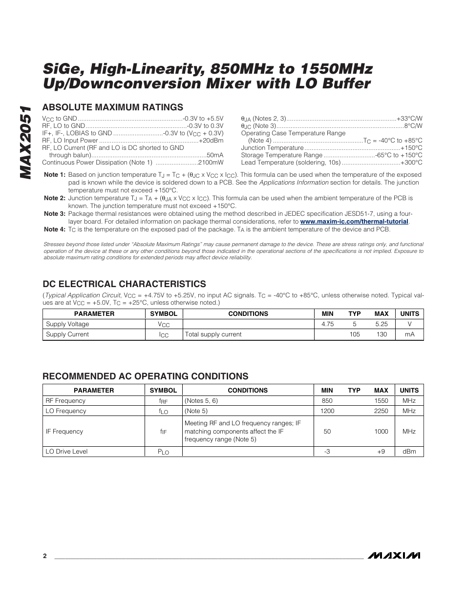 Recommended ac operating conditions | Rainbow Electronics MAX2051 User Manual | Page 2 / 16