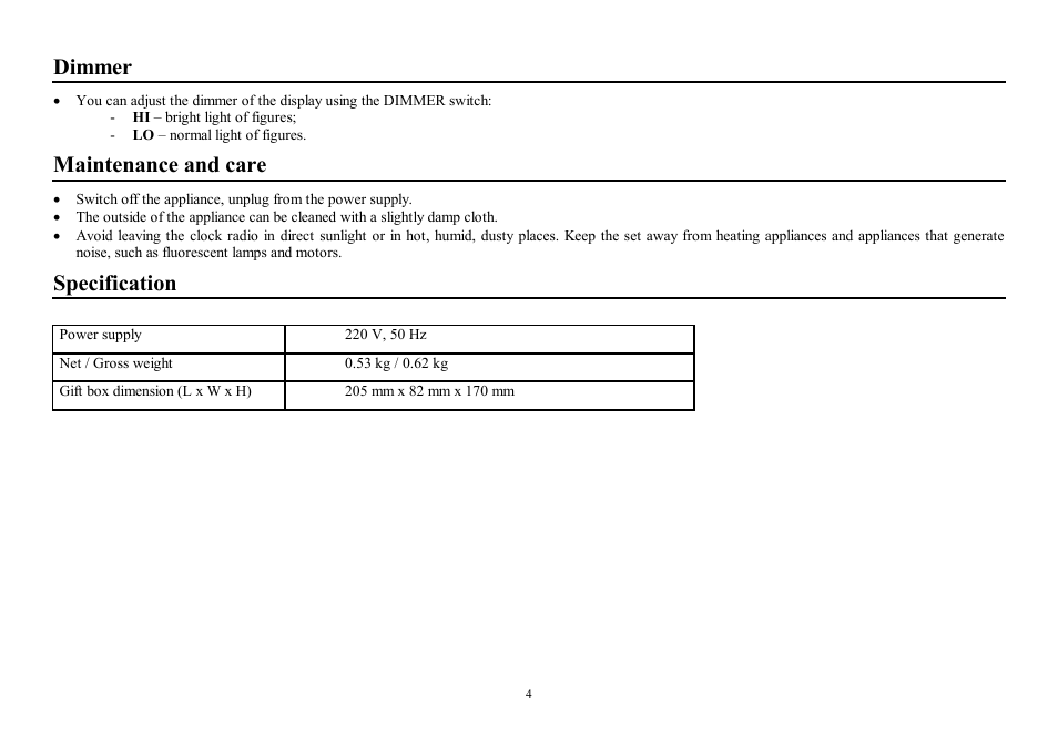 Dimmer, Maintenance and care, Specification | Hyundai H-1508 User Manual | Page 4 / 7