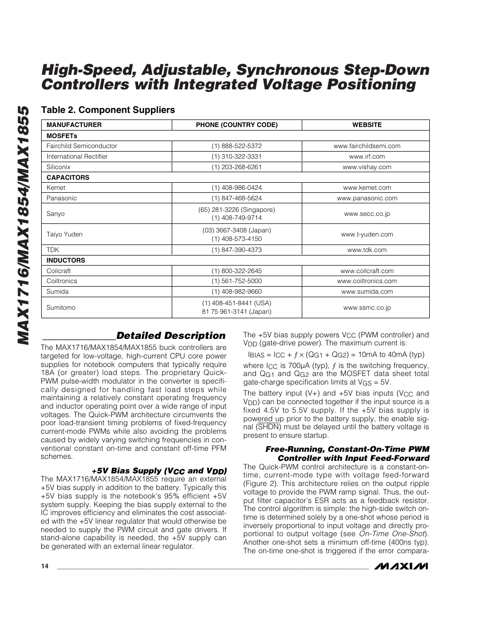 Detailed description, Table 2. component suppliers | Rainbow Electronics MAX1855 User Manual | Page 14 / 33