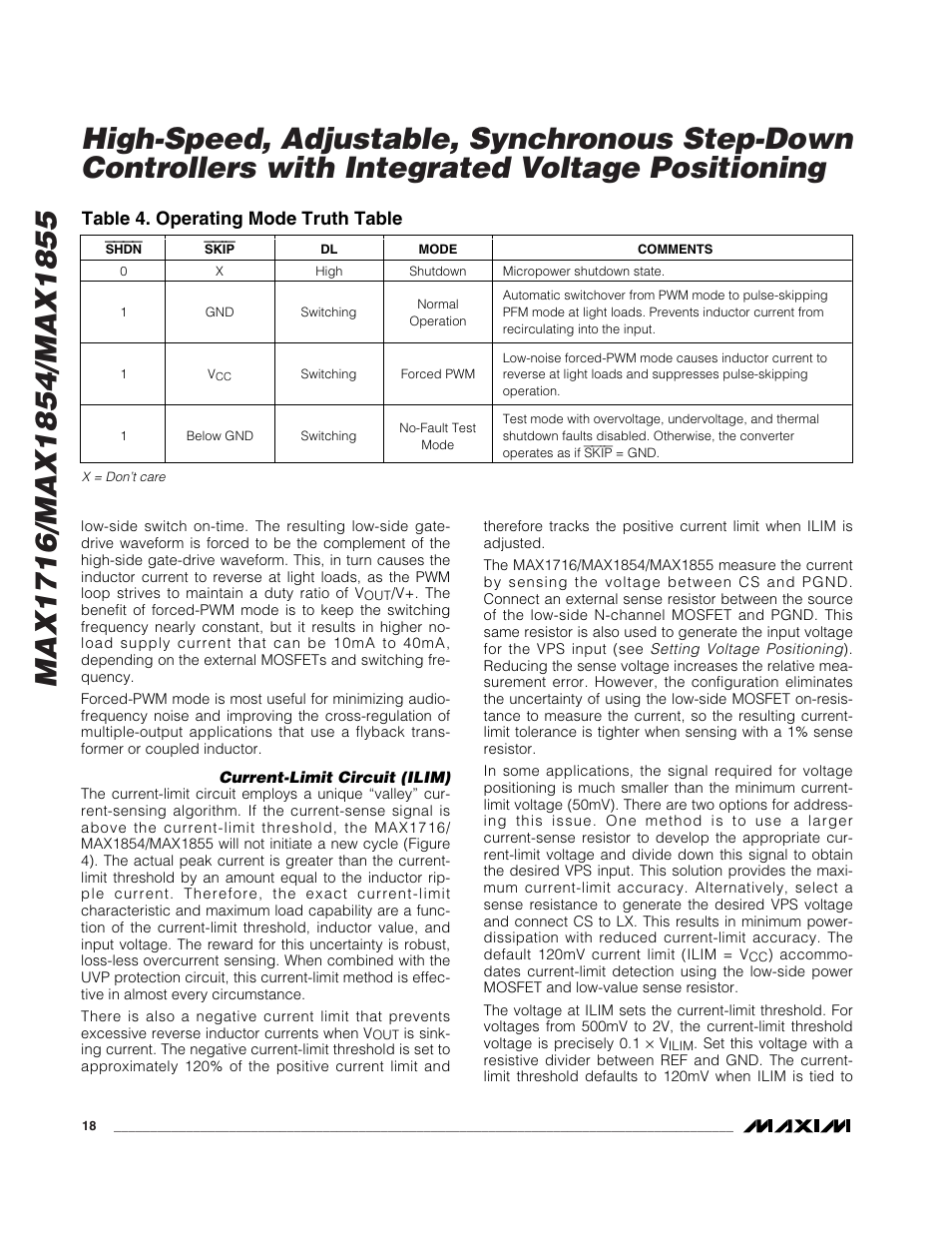 Table 4. operating mode truth table | Rainbow Electronics MAX1855 User Manual | Page 18 / 33