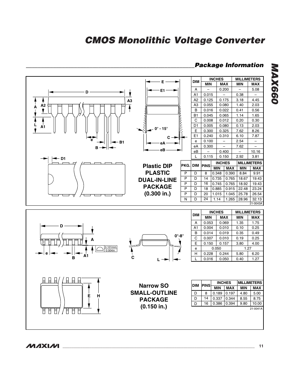 Max660 cmos monolithic voltage converter, Package information, Narrow so small-outline package (0.150 in.) | Rainbow Electronics MAX660 User Manual | Page 11 / 12