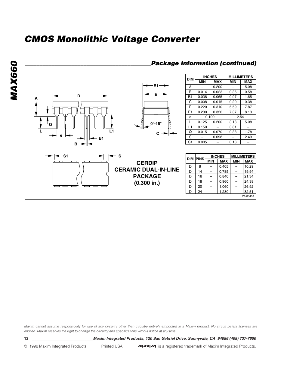 Max660 cmos monolithic voltage converter, Package information (continued), Cerdip ceramic dual-in-line package (0.300 in.) | Rainbow Electronics MAX660 User Manual | Page 12 / 12
