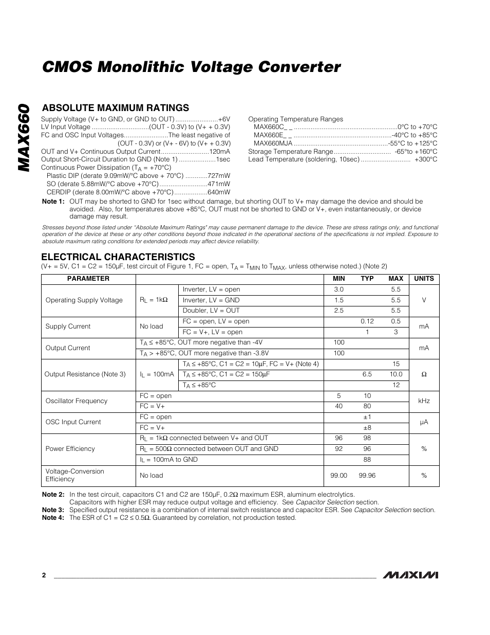 Max660 cmos monolithic voltage converter, Electrical characteristics, Absolute maximum ratings | Rainbow Electronics MAX660 User Manual | Page 2 / 12