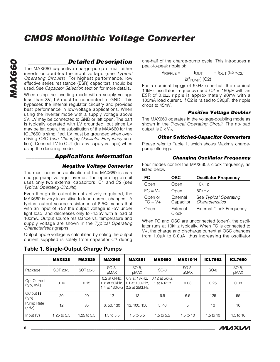 Max660 cmos monolithic voltage converter, Detailed description, Applications information | Table 1. single-output charge pumps | Rainbow Electronics MAX660 User Manual | Page 6 / 12