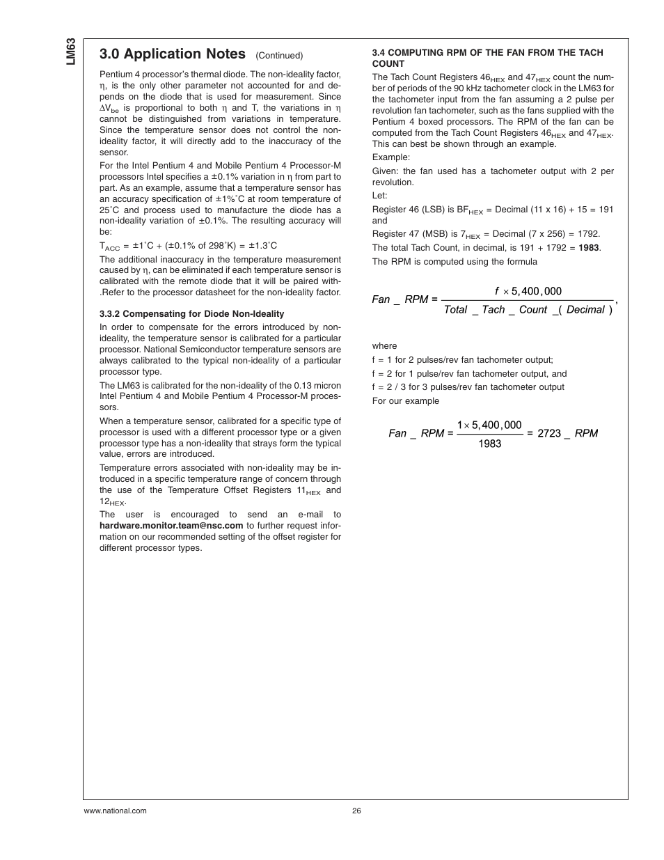 2 compensating for diode non-ideality, 4 computing rpm of the fan from the tach count, Lm63 | Rainbow Electronics LM63 User Manual | Page 26 / 28