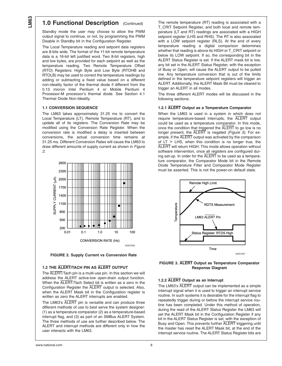 1 conversion sequence, Figure 2. supply current vs conversion rate, 2 the alert/tach pin as alert output | 1 alert output as a temperature comparator, 2 alert output as an interrupt, 0 functional description | Rainbow Electronics LM63 User Manual | Page 8 / 28