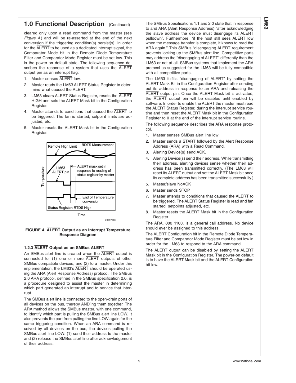 3 alert output as an smbus alert, 0 functional description | Rainbow Electronics LM63 User Manual | Page 9 / 28